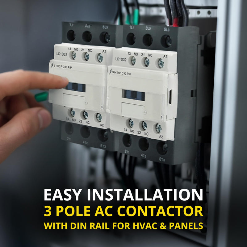 3 pole Contactor 30 Amp Normally Open IEC 660V Switch, Auxiliary 1NO/1NC - 220 / 240VAC Coil Inductive 32A and Resistive 50A, AC Contactor - with Mounting Base for DIN Rail 30A 220V - 1 Pack