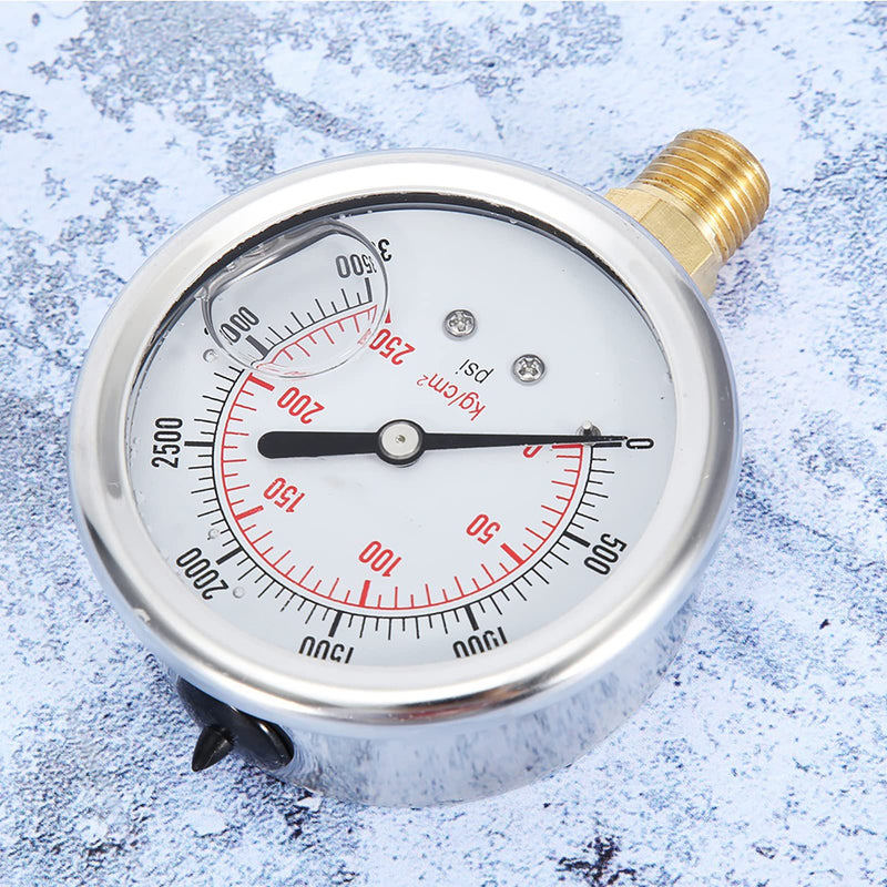 0-3500 PSI Liquid Filled Hydraulic Pressure Gauge Water Air Oil Gas Gauge | Stainless Steel Pressure Test for Water Pipe HVAC Silver