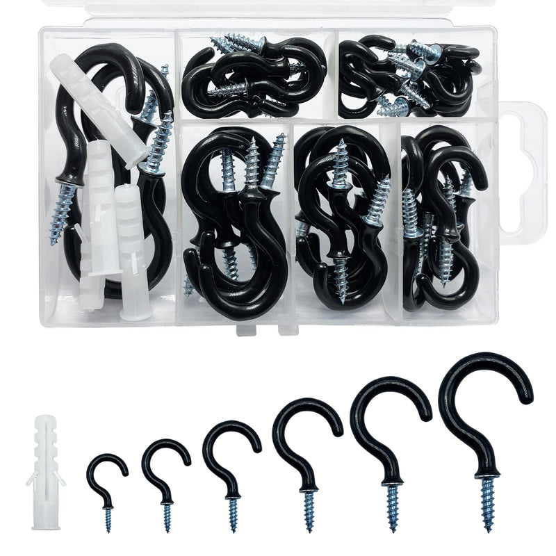 Small Black Screw-in Hooks Assorted Kit with Plugs, 1/2", 5/8", 3/4", 7/8", 1", 1-1/4" Vinyl Coated Cup Hooks for Hanging Home Decorations, Christmas Lights, Wind Chimes, Crafts - 46 Pcs 4 46pcs Vinyl Coated Cup Hooks Assorted Kit Vinyl Coated Black
