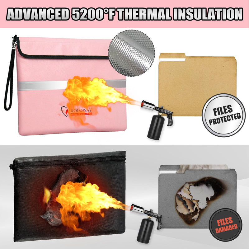 ROLOWAY Fireproof Document Bag (14 x 11 inch) with 5200℉ Upgraded Aluminum Foil Layer, Fireproof Bag for Documents with Reflective Strip and Zipper (Pink) 14 x 11 inch 5200℉ Pink