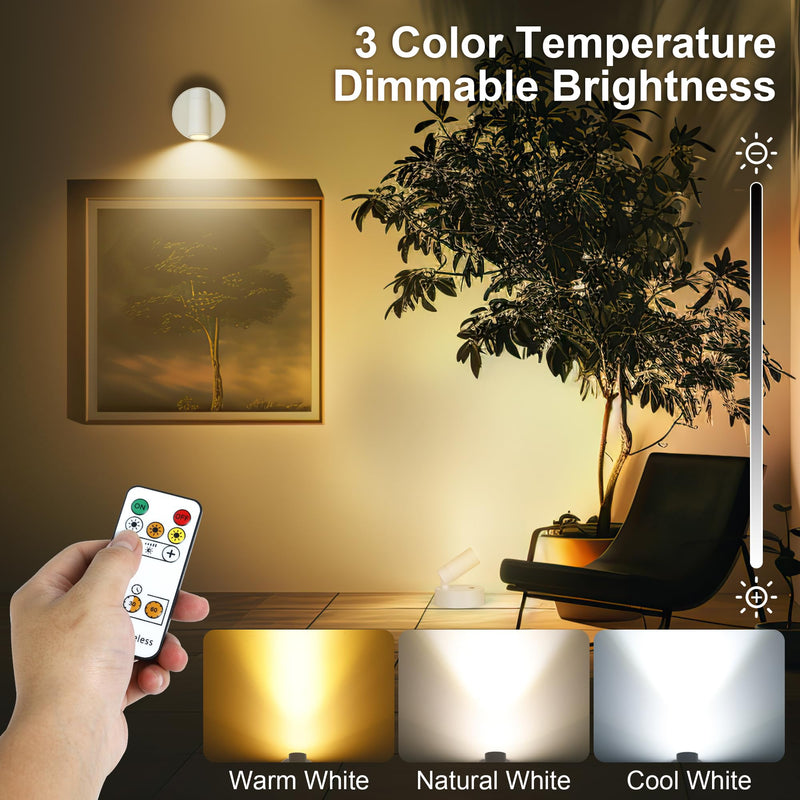 Wireless LED Spot lights Indoor Battery Operated with Remote, Rechargeable Up lights Indoor with Timer＆Dimmable, 3CCT Picture Lights for Wall, SpotLights Accent Uplighting for Plant, Artwork -White White 1 Pack