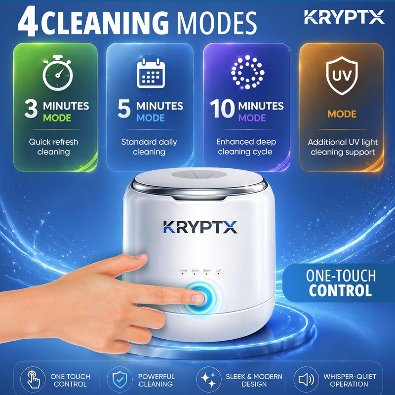 KRYPTX Ultrasonic Retainer Cleaner Machine - 45kHz with 200ML Tank, 4 UV-A+C Lights & 4 Modes - Dental Cleaning Pod Ultrasonic Cleaner for Retainers, Aligners, Mouth Guards, Toothbrush -White | Dedicated Toothbrush Slot, Type-C Charger, Low Noise White