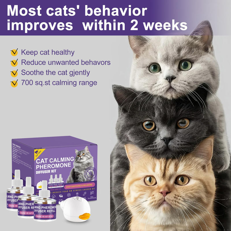 Cat Pheromone Calming Diffuser Starter Kit, 1 Plug-in Diffuser & 3 Refills (48ml Each), Up to 90 Days Supply, Helps Reduce Scratching, Urine Marking & Stress, for Multi-Cat Homes & New Environments