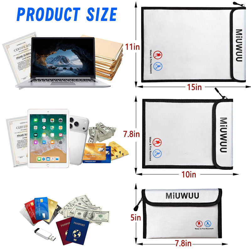 3 Pack Fireproof Document Bag Waterproof Safe Zipper Storage Organizer Pouch Fireproof Money Bag for A4/A5 Documents Holder, File, Cash, Jewelry, Passport, Tablet, Laptop
