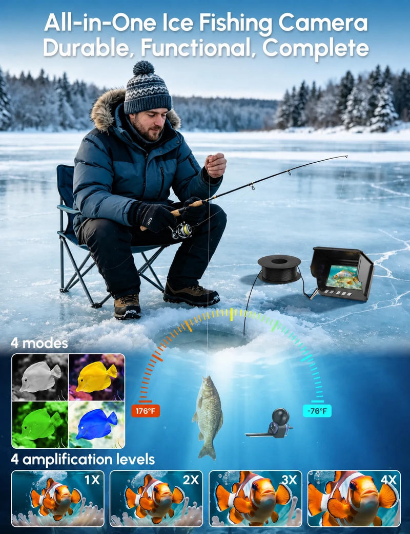 200° Ultra-Wide 1080P HD Underwater Fishing Camera with LED Flashlight Glove, IR Night Vision, 50FT Cable for Ice Lake Boat Kayak Fishing