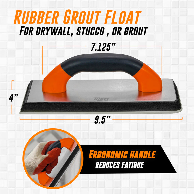Mutt Tools Rubber Grout Float – 9.5” x 4 Inch Grout Float for Tile with Ergonomic Handle and Non-Stick Gum Rubber – Used for Masonry and Tile Installation