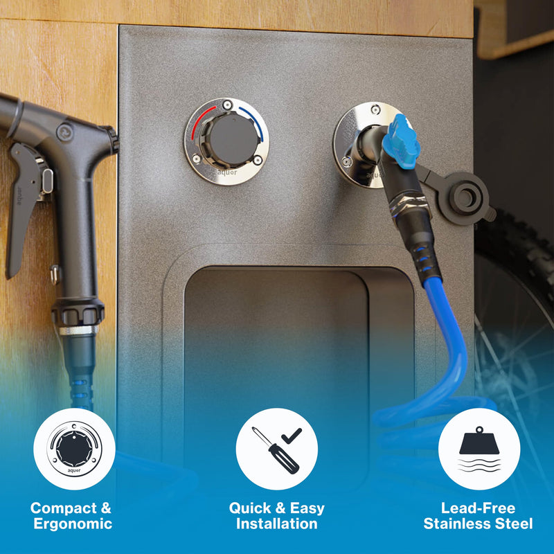 Aquor RV/Marine Hot+Cold Mixing Valve, Compact G1/2 inch Thermostatic Mixing Valve with Hot/Cold Temperature Control, Hydrant Pairing for Boat, Marine, and RV Outdoor Shower, Stainless Steel