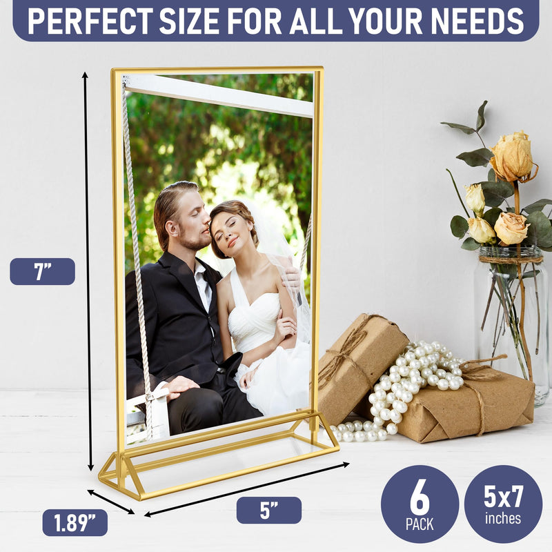 Gold Picture Frames Double-Sided, 6-Pack 5x7 Acrylic Table Number Holders, Clear Easel Stands for Signs, Gold Frames for Wedding Table Numbers, Menu Holders, and Photo Displays for Events and Décor 5x7 (6 Pack)
