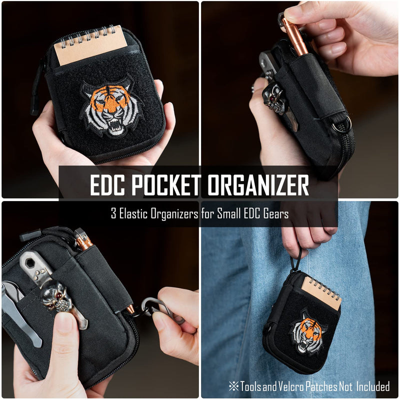 EDC Pouch, Pocket Organizer, Mighty Pouch for Men, EDC Bags with Patches, Small Tool Pouch with D-Ring, Elastic Organizers Utility Pouch for Multitools, Nylon Compact Organizer black