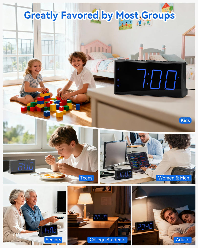 Simple Digital Alarm Clock for Bedroom - Easy to Use with Large 7.5" Display, Dual Alarms, Dimmable, USB Charger & Battery Backup, 12/24H & DST - Plug-in Electric Clock for Heavy Sleepers, Kid, Senior Blue Digits