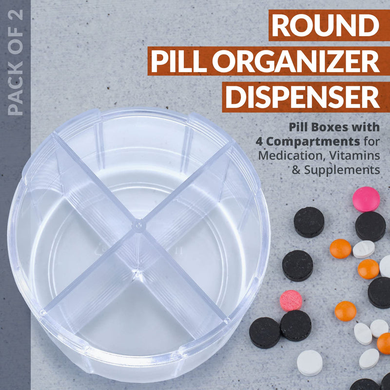 Round Pill Organizer Dispenser - Pack of 2 - Pill Boxes with 4 Compartments for Medication, Vitamins & Supplements Bottle Daily Pill Case Reminder Box, (Black and Clear) 2 Count (Pack of 1) Black & Clear