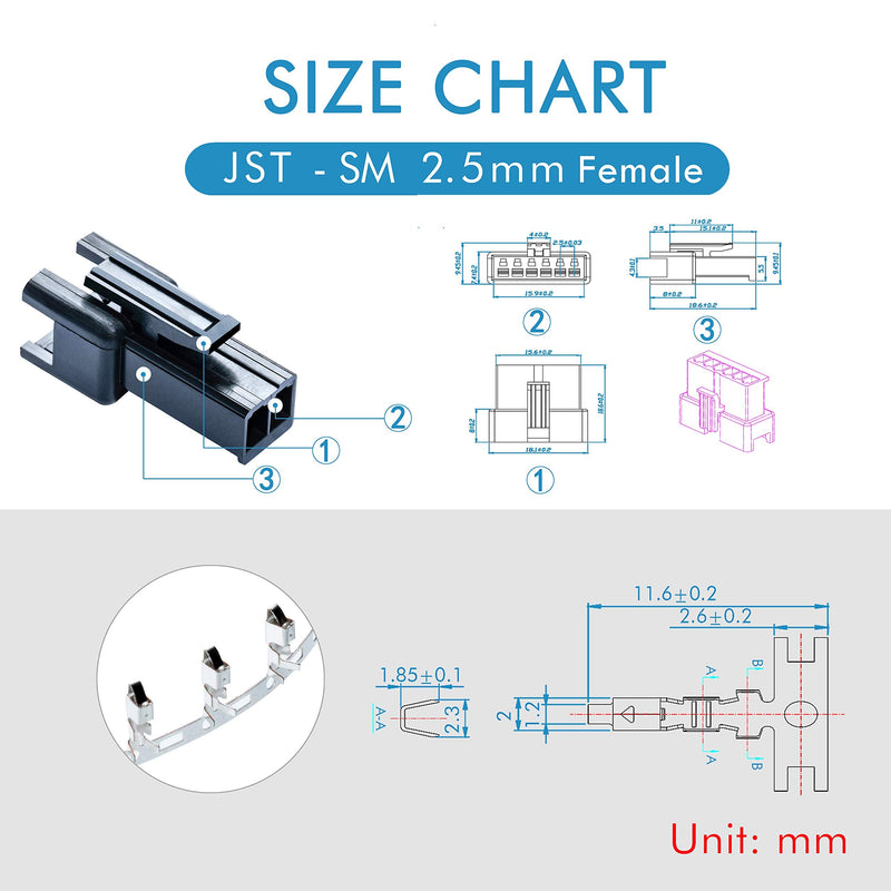 JST SM 2.5 mm Pitch 2-Pin Electronic Connector IC Male Plugs, Female Sockets Housing and Male/Female T-Shaped Crimp Terminal Kit. 50 Sets/300 Pieces Wire-Wire Adapter Cable Assembly. 2P