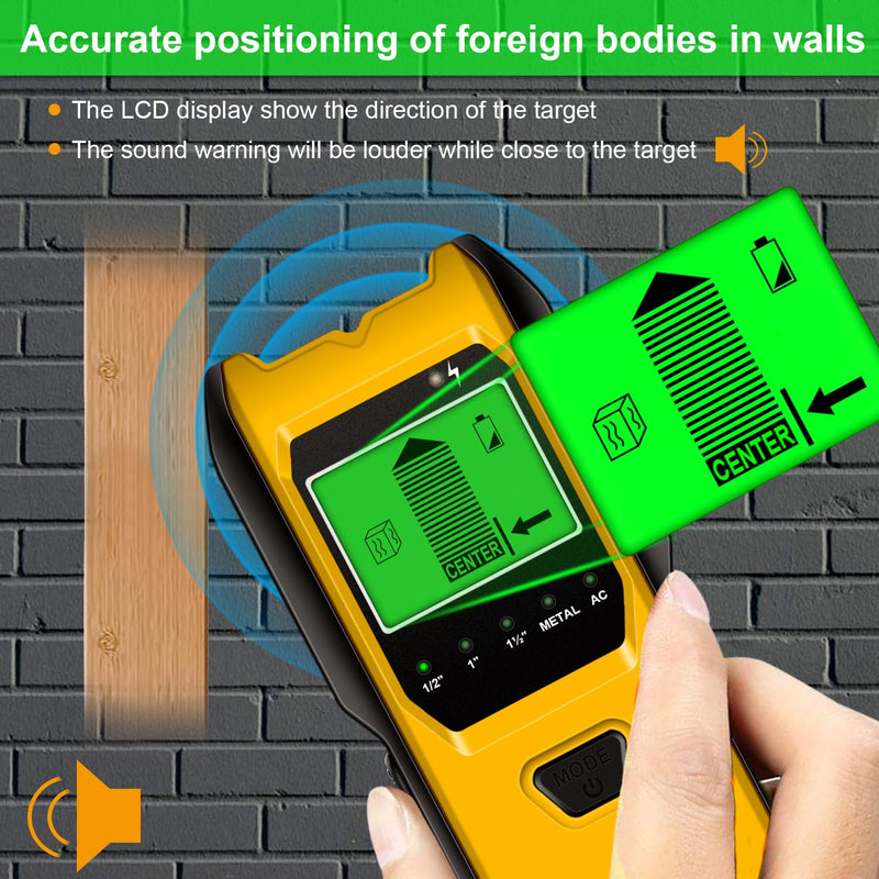 Stud Finder Wall Scanner, 5 in 1 Multifunction Stud Locator with Upgraded Smart Sensor, HD LCD Display and Audio Alarm for The Center & Edge of Metal, Studs, AC Wire, and Pipe Detection (Lemon) Lemon