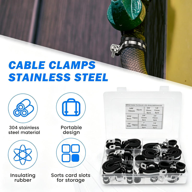 180 Pcs Cable Clamps Assortment Kit, 304 Stainless Steel P Clamps with Rubber Cushion, 7 Sizes (1/4"-1") for Hose, Pipe, Wire, Fuel Line, Automotive, Marine, RV 180 Pcs