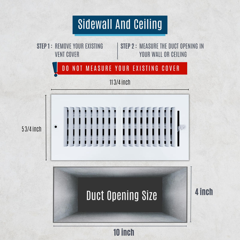 Fits 10x4 Duct Opening 2 Way Steel Air Supply Diffuser by Handua | Register Vent Cover Grille for Sidewall and Ceiling | White | Outer Dimensions: 11.75" X 5.75" 10" X 4" Duct Size