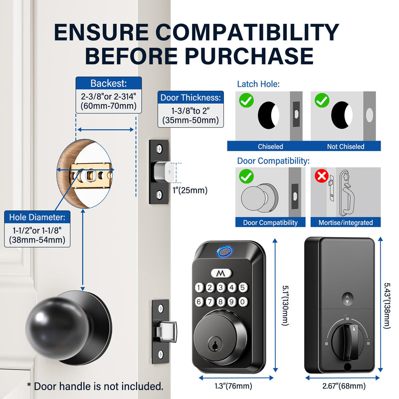Fingerprint Door Lock - Keyless Entry Door Lock, Electronic Keypad Deadbolt, Smart Locks for Front Door - Auto Locking, Biometric,One-time Codes,Easy to Install (Matte Black) Matte Black