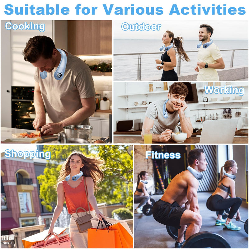 Portable Neck Fan that Blow Cold Air, LED Display, Rechargeable Hands-Free Wearable Cooling Personal Fan, 5 Speed, Neck Support, Bladeless Neck Air Conditioner, Gifts for Women/Men, Hot Flashes Light Blue
