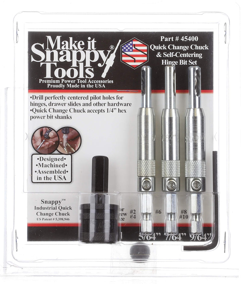 Make it Snappy Tools 45400 - 3-Piece Self Centering Hinge Bits and Quick Change Chuck Set, #2/#6/#8 Soft Wood Screws and #4/#10 Hard Wood Screws, 1/8" Hex Key, 1/4-Inch Hex Power Bit Shank