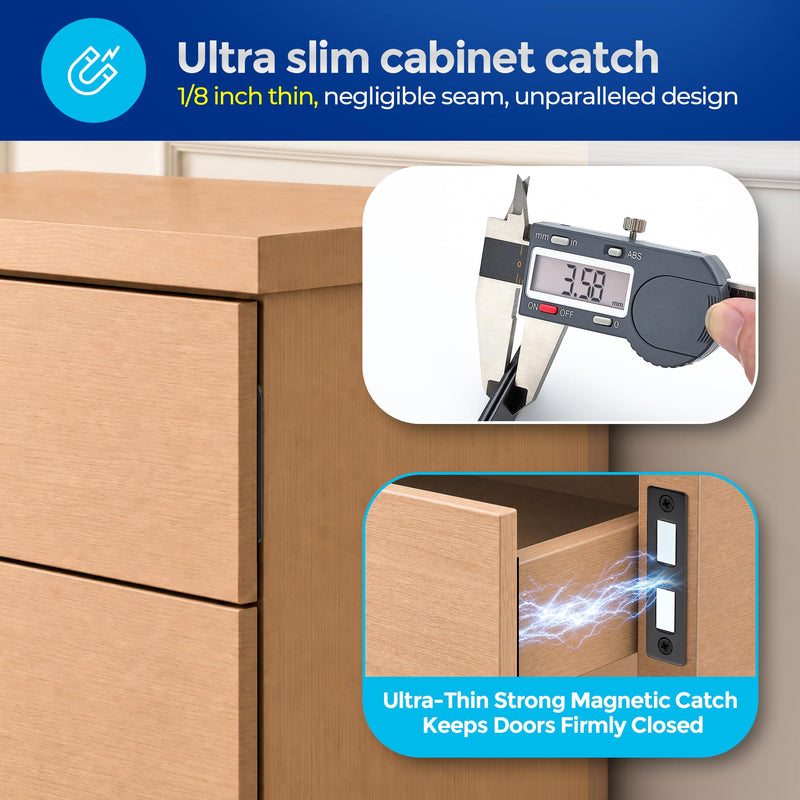 Magnetic Door Catch, 8 Pack Adhesive Cabinet Magnets for Closure, Black | Ultra-Thin Strong Magnetic Door Latch for Closets & Drawers, Stainless Steel Cabinet Latch Easy to Install