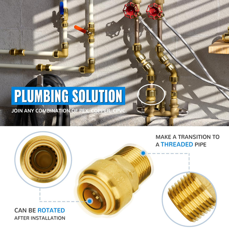 SUNGATOR 12-Pack 3/4 Inch Male Adapter, 3/4" MNPT, Push-to-Connect, Brass 3/4 Inch, 12 Pack