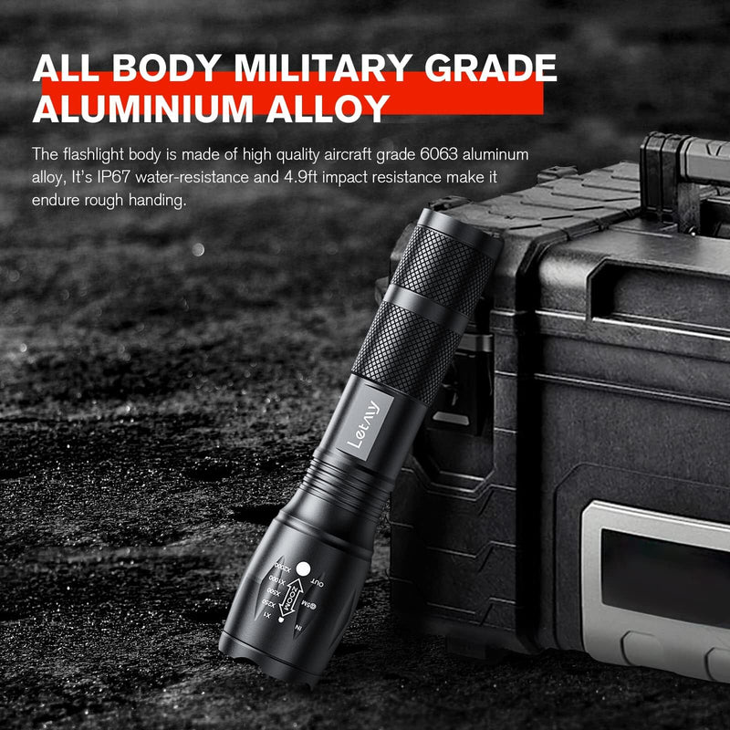 LETMY Tactical Flashlight S2000-2 Pack Bright Military Grade LED Flashlights High Lumens - Portable Handheld Flash Light, 5 Modes Zoomable Waterproof Flashlights for Home Emergency Camping Outdoor Black 2 PACK
