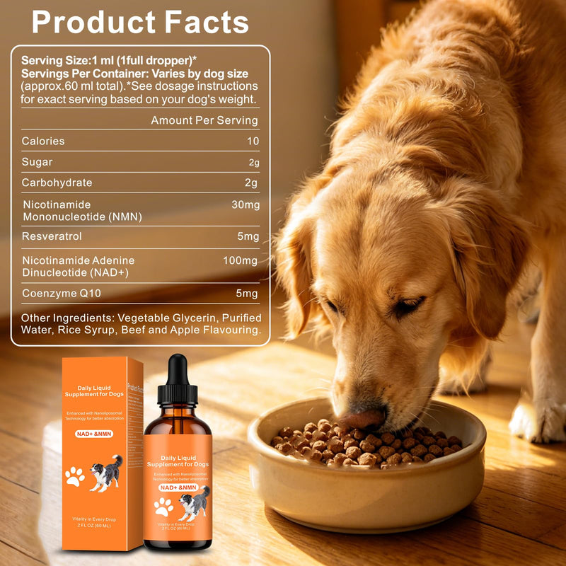 Dog Longevity Supplement with NMN, NAD+, CoQ10 & Resveratrol - Supports Joint Health, Vitality & Healthy Aging - 60-Day Nanoliposomal Drops for Better Absorption