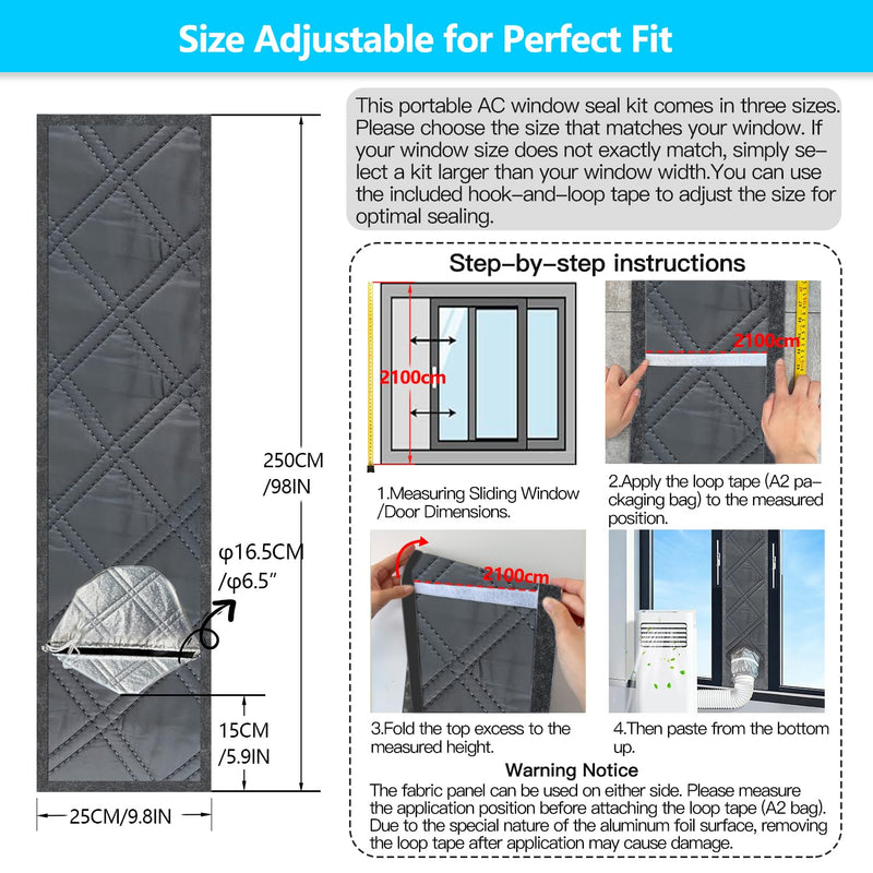 98“Sliding Door AC Vent Kit, 3-Layer Thickened Thermal Barrier for Portable Air Conditioners, Reflective Aluminum Foil Heat Shield, Foldable Height Adjustment, Reversible Design for All Seasons 3-Layer Cotton Max 98“ for sliding door