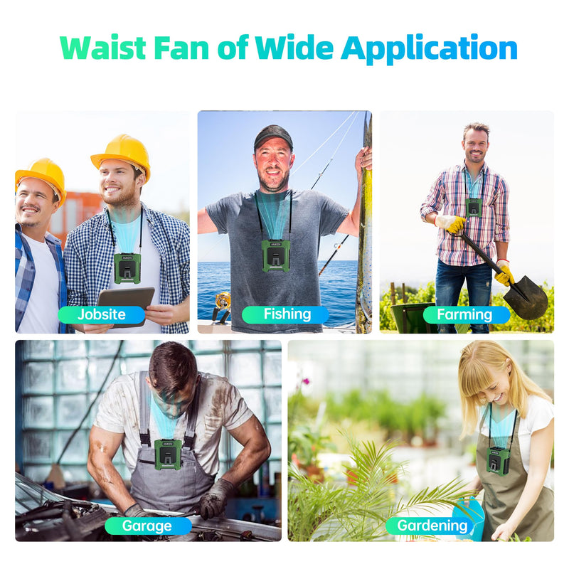 AMKEN Waist Fan, 10000mAh Rechargeable Personal Fan, 8-in-1 Cooling Device, Up to 35H, 6 Speeds, 18500RPM, 59ft/s Strong Airflow, LED SOS & Red-Blue Warning Light, Workers Fan for Jobsite, Outdoor Army Green