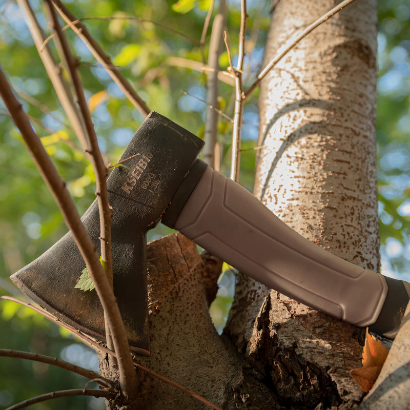 KSEIBI Outdoor Camping Hatchet with Sheath for Splitting and Kindling Wood, Forged Steel Blade with Anti-Slip and Shock Reduction Handle Great Throwing Axes and Hatchets (Tuscan Brown) Tuscan Brown