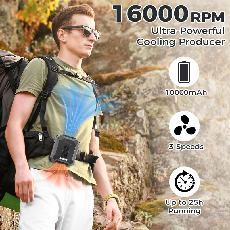 Portable Waist Fan with Built-in Charging Cable, 10000mAh Rechargeable Battery, 3 Speeds Up to 25H Cooling, LED＆Emergency Light, Personal Wearable Fan Clip on Belt for Outdoor Camping Travel Jobsite