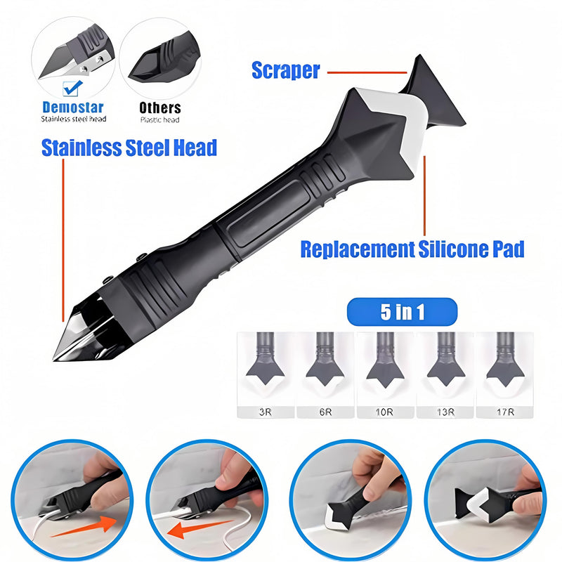 11Pcs Caulking Tools, 3 in 1 Silicone Caulking Finishing Tool Kit(stainless steelhead), Reuse and Replace 5 Silicone Pads, Sealant Caulk for Kitchen Bathroom Window, Sink Joint