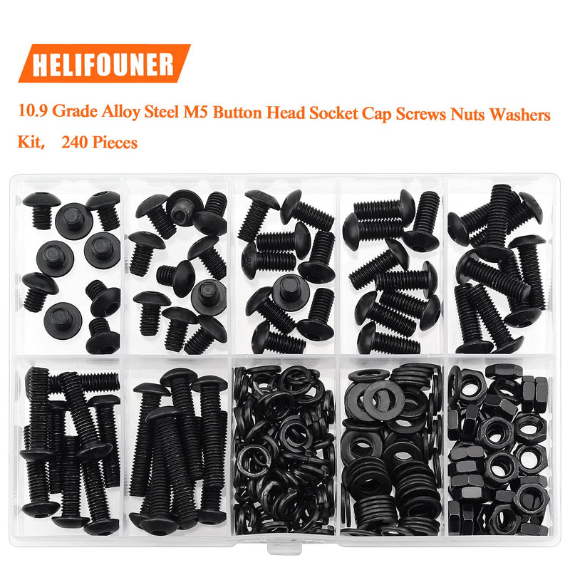 240 Pieces M5 x 6mm /8mm /10mm /12mm /16mm /20mm /25mm, Button Head Socket Cap Screws Bolts Washers Nuts Kit, 10.9 Grade Alloy Steel, Full Threaded, Black