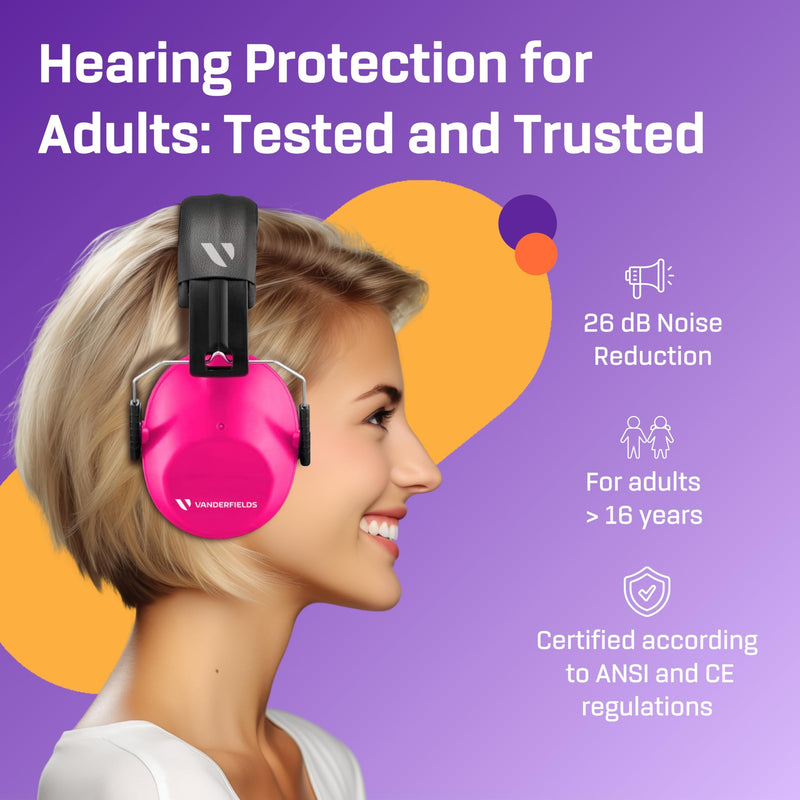 Vanderfields Hearing Protection Ear Muffs for Noise Reduction, 26dB Certified, Noise Cancelling Safety Ear Protection for Shooting, Adult Headphones for Lawn Mowing, DIY, Construction, Woodworking Pink