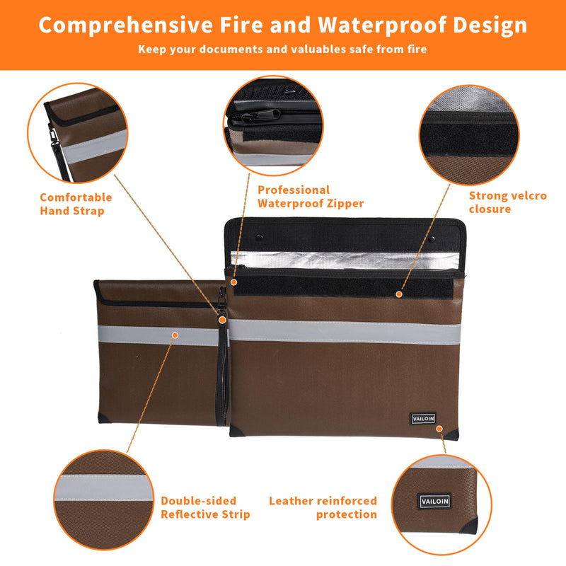 Fireproof Document Bag with Water Resistant Zipper(13.9"x10.6"),5200°F Heat Insulated Fire Proof Pouch with Soft Leather Hand Strap,Fire and Waterproof Envelope for Cash,Documents,Jewelry(Coffee)