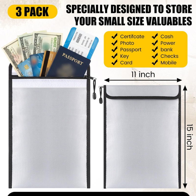 3 Pack Fireproof Waterproof Document Bag (2000℉) Fire Proof Money Bag with Zipper Fire Water Resistant Safe Important Document Storage Organizer Pouch for Cash Passport File(15”x 11”) 15”x 11”