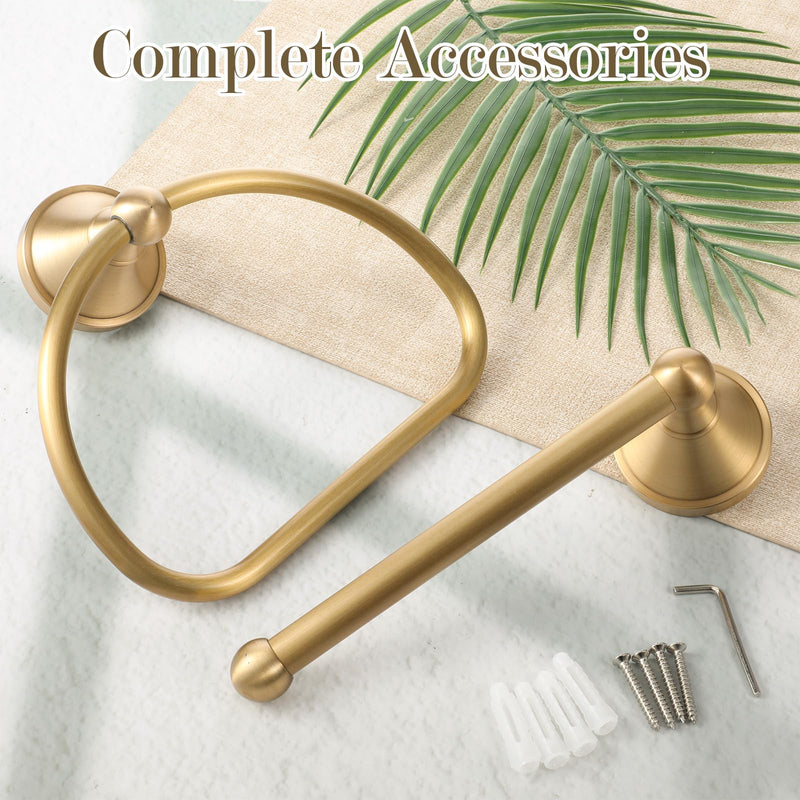 2 Pcs Brass Toilet Paper Holder Towel Ring Set, Brushed Gold Bathroom Hardware Hand Towel Holder Rustic Towels Rack Bathroom Accessories Set Wall Mount