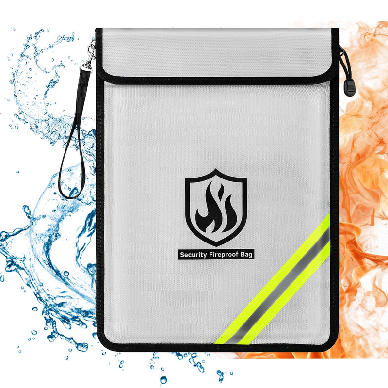 Fireproof Document Bag, 15 x 11 Inch Waterproof Documents Holder 2000℉ Safe for Important File Money Cash Legal Papers, Two Pockets Dual Zippered File Bag with Hand-held Strap & Reflective Strip