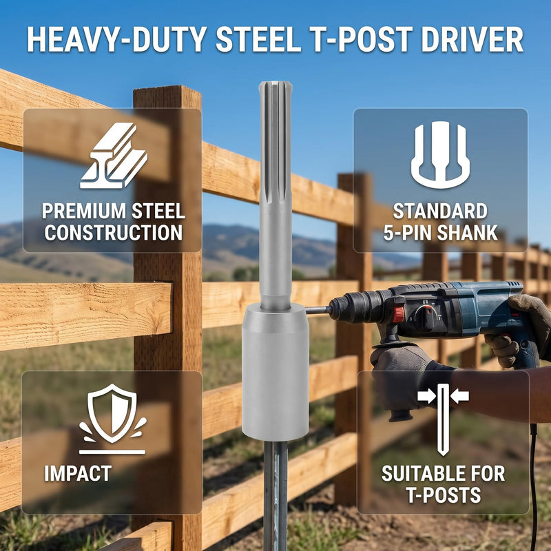 GLOGLOW SDS MAX Post Driver Bit, 30mm T Post Pounder | Ground Rod Driver Attachment, 5 Pit Shank, Rotary Hammer Fence Post Pounder, Steel, For Hammer Drills