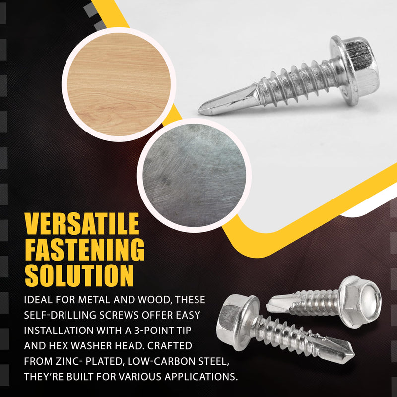 ASMC Industrial Self-Drilling Screw 1/4"-14 x 1-1/2" - Hex Washer Head 3-Point Tip - Zinc-Plated, Low Carbon Steel for Corrosion Resistance - Pack of 100