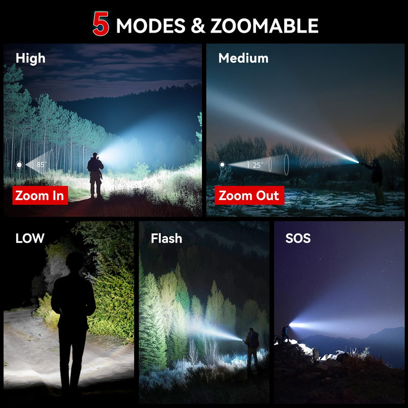 LETMY Tactical Flashlight S2000-2 Pack Bright Military Grade LED Flashlights High Lumens - Portable Handheld Flash Light, 5 Modes Zoomable Waterproof Flashlights for Home Emergency Camping Outdoor Black 2 PACK