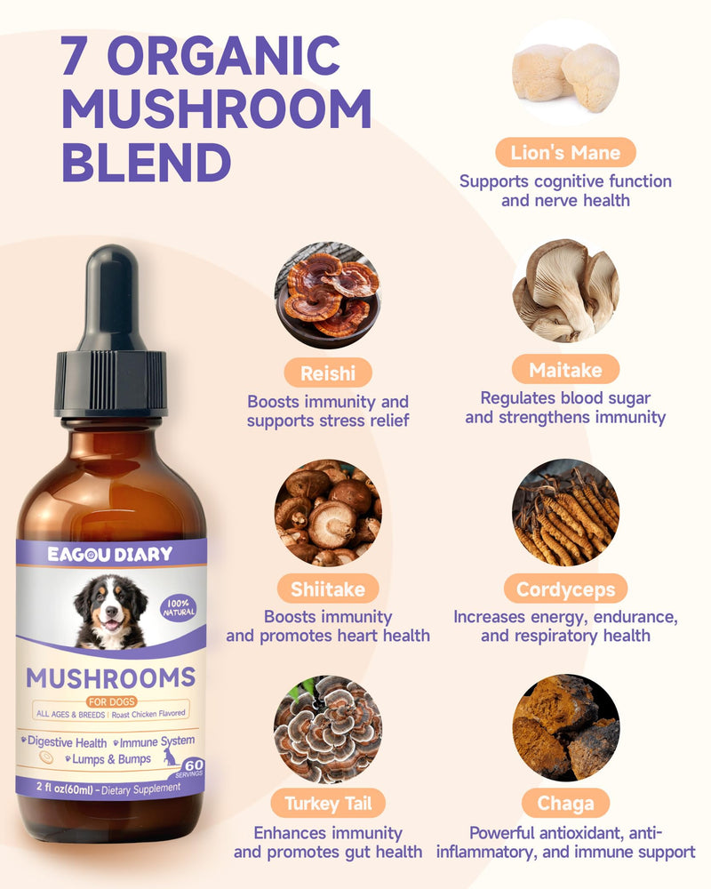 Eagou Diary Mushroom for Dogs - with Turkey Tail Mushroom for Dog, Lion’s Mane, Shiitake - Collagen for Dogs with Glucosamine, MSM - Hip & Joint Support