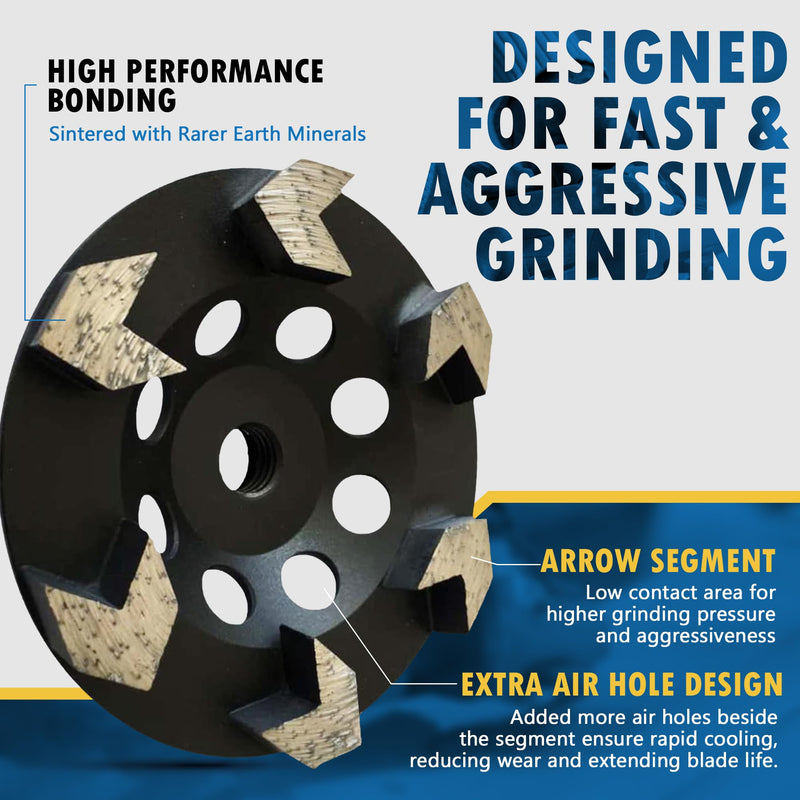 5" High Performance Diamond Grinding Wheels for Concrete, Paint, Epoxy, Mastic, Coating Removal, #30/40 Grit, 6 Arrow Segments, 5/8"-11 Arbor 5" Diameter - 5/8"-11 Threaded Arrow Segments - #30/40 Grit