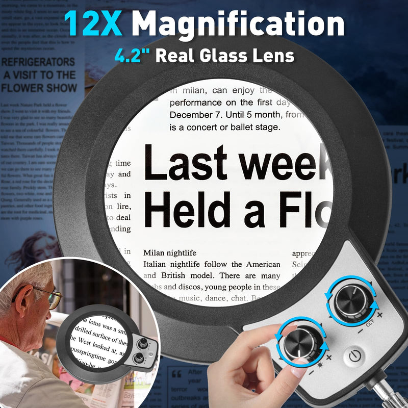 KIRKAS 12X Magnifying Glass with Light and Stand, Any Color Modes & Stepless Brightness LED Magnifying Lamp with Clamp, 2-in-1 Magnifier Glass Lens Desk Lamp for Crafts Hobby Reading Close Work 12X Base & Clamp