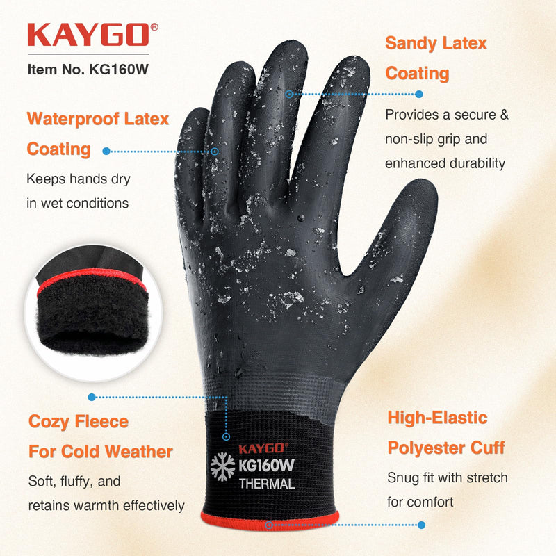 KAYGO Winter Waterproof Work Gloves for Men and Women, 3 Pairs Thermal Insulated Freezer Rubber Coated Gloves,Super Grip,KG160 (M, Black) Black-thermal Medium (Pack of 3)
