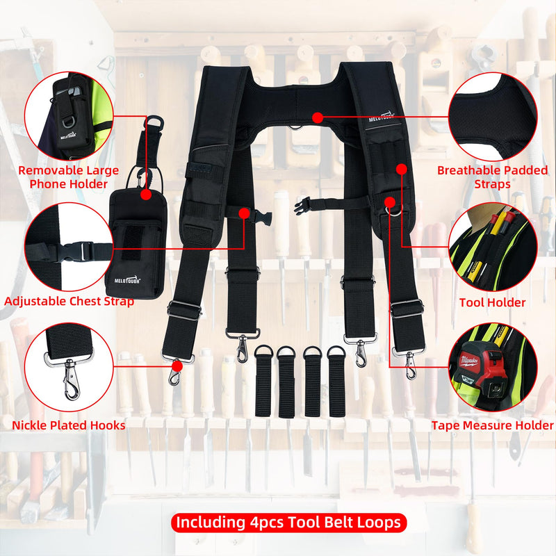 MELOTOUGH Tool Belt Suspenders Construction Bag Suspenders Padded Work belt Suspenders for Carpenter/Electrician/Roofing/Farmer work Suspension Rig(H Back) H Back Support Tool Belt Suspenders