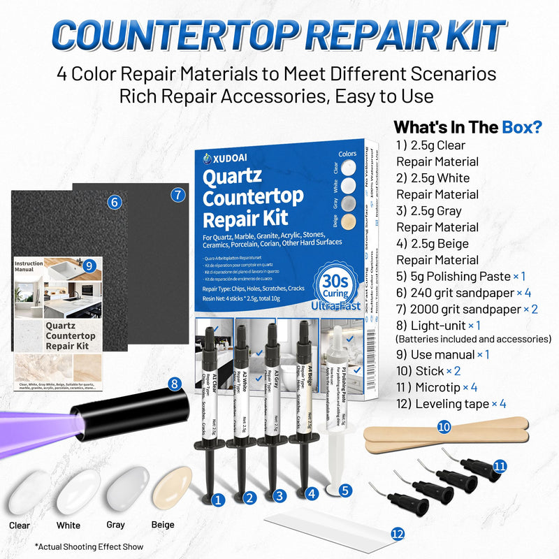 Quartz Countertop Repair Kit (Clear, White, Gray, Beige) 30s Fast Curing DIY Fix Luxury Stone, Granite Marble Acrylic Porcelain Fiberglass Quartz Countertop Chip Repair Kit for Cracks Holes Scratches - NewNest Australia