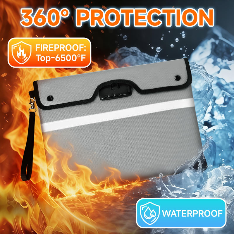 Upgraded 6500°F Fireproof Document Bag with Lock, Waterproof 9-Layer Heat Insulated | Dual-Liner Card Slot Money Bag with Zipper/Reflective Strip for Passport, Important Paper, Cash(15 x 12In) Grey