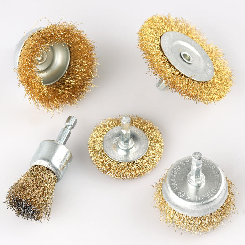 5 Pcs Wire Brush for Drill Set, Brass Wire Wheel for Drill, 1/4 Inch Hex Shank, Wire Brushes for Cleaning Rust for Drill Set for 5Psc