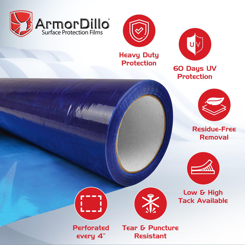 ArmorDillo Vent Film Duct Masking Tape - Temporary Register Sealing Tape for Air Ducts, Vents & HVAC - Blue Self-Adhesive Protection Film, High Tear & Puncture Resistance, UV Protection -8” x 185 8” x 185' Regular Tack Adhesive