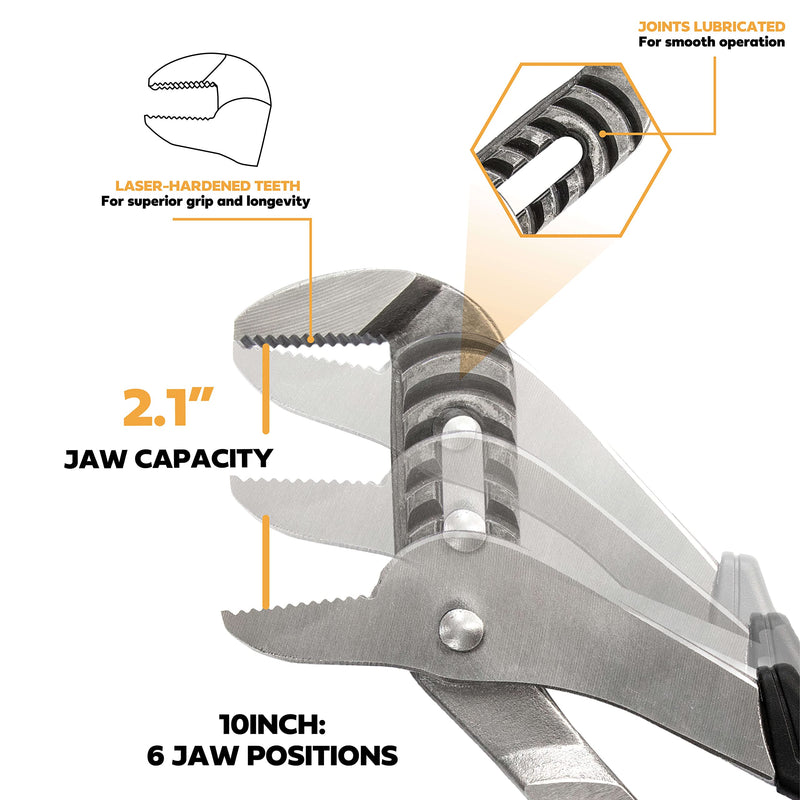 Olympia Tools 10-Inch Tongue and Groove Pliers, Straight Jaw Pliers with Cushion grip, 6 Jaw positions, 2.1" Jaw Capacity
